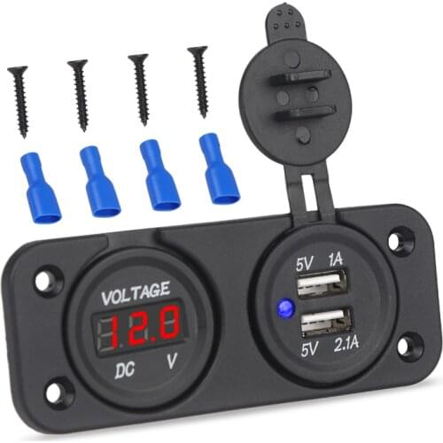2 In 1 12V Car Dual USB Power Socket Charger Boat Motorcycle Charger Adapter With Voltmeter Panel Car Voltage USB Dual Socket
