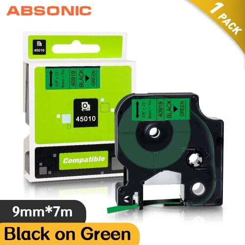 Absonic Green Label Tapes Ribbon for Dymo 40919 D1 Label Printer LabelManager 100 450D 300 280 Black on Yellow 9mm Label Maker