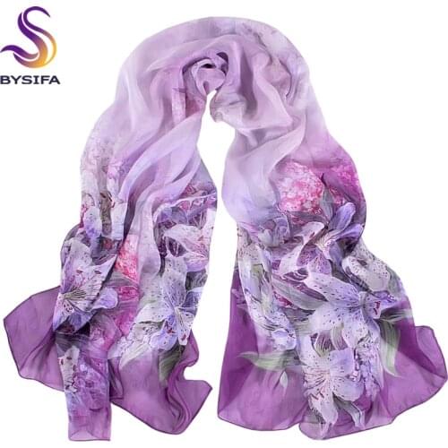 [BYSIFA] Autumn Winter Long Silk Scarf Shawl Female Long 100% Mulberry Silk Scarf Summer Thin Silk Chiffon Beach Scarf Wraps
