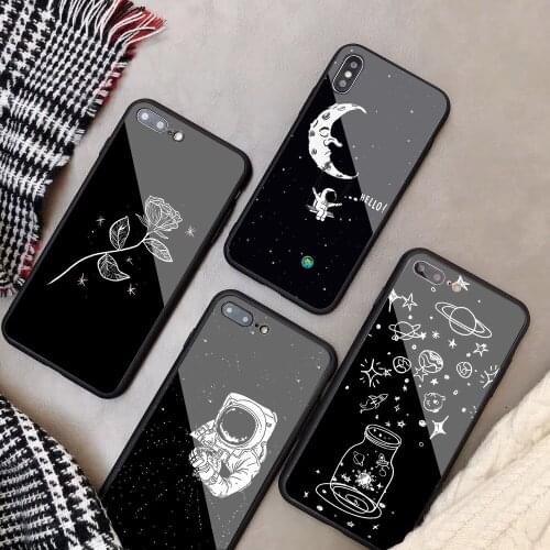 Space Moon Astronaut Black White Tempered Glass Phone Case For iPhone 6 6plus 7 8 plus 5 5S 5C SE For iPhone X XS XR XS Max
