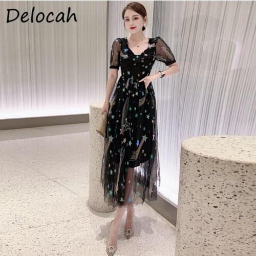 Delocah New 2021 Summer Women Fashion Runway Party Long Dress Lantern Sleeve Sequined Embroidery Elegant Ladies Dresses Vestidos