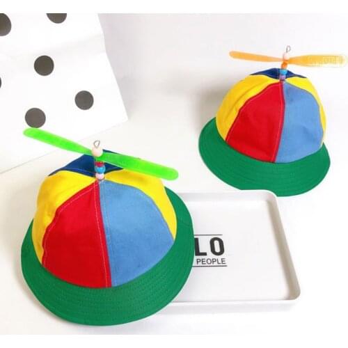 Children Kids Cotton Helicopter Propeller Bucket Cap Color Block Patchwork Dragonfly Beaded Summer Sun Protection Fisherman Hat