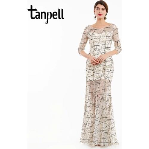 Tanpell sequins long evening dresses ivory bateau neck half sleeves floor length a line gown back button formal evening dress