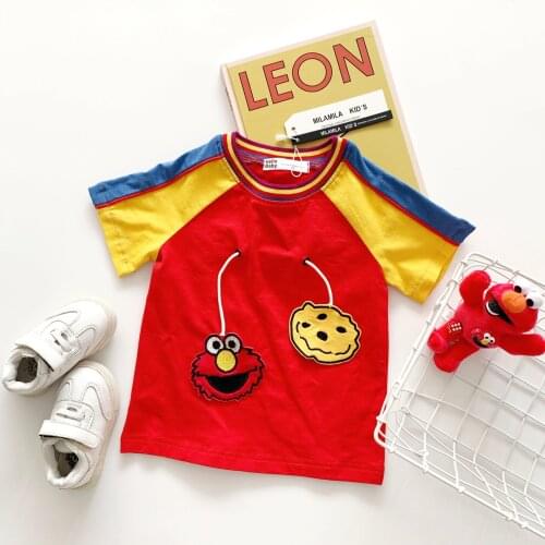 Tonytaobaby Summer New Boys and Girls Drawstring Contrast Cotton Short Sleeve Round Neck T-shirt