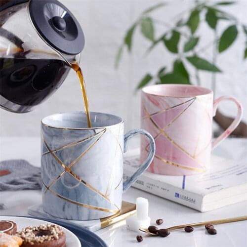 Nordic Ceramic Geometric Gold Lines Marbling Coffee Mug Household Porcelain Milk Cup Simple Office Teacup Couple Drinkware