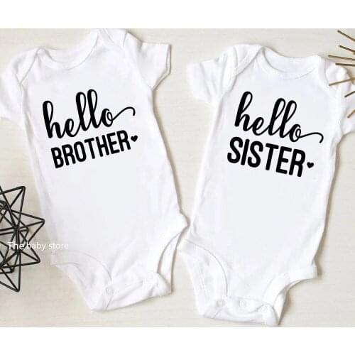 Hello Brother Sister Newborn Baby Bodysuits Cotton Short Sleeve Baby Boy Girls Onesies Romper Pregnancy Reveal Bodysuit Clothes