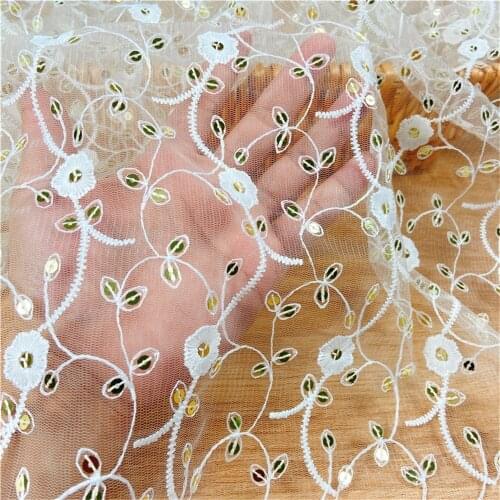 Ivory White With Gold Sequins Lace Fabric Embroidered Flower Shiny DIY Wedding Dress Sewing Material