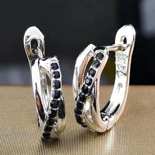 Fashion Silver Plated Hoop Earrings for Women Black Crystal Simple Design Earrings Statement Wedding Party Jewelry Accessories