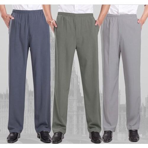 Men Straight Long Pants Loose Thin Silk Cotton Blend Elastic Waist Trouser New Big Size Daddy Trousers F8