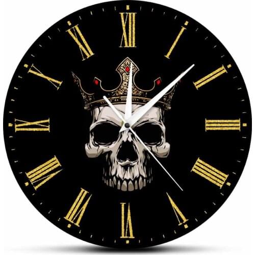 Skull King With Gold Crown Acrylic Printed Wall Hanging Clock Rock and Roll Fashion Home Decoration Roman Numbers Clock Watch