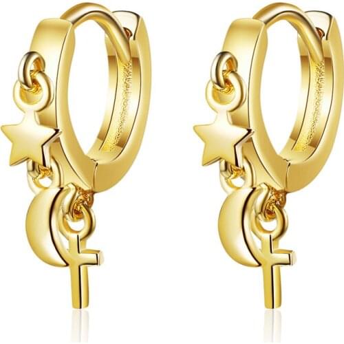 New Simple Gold Star Moon Cross Hoop Earrings for Women Party Dangle Fine Hoop Jewelry