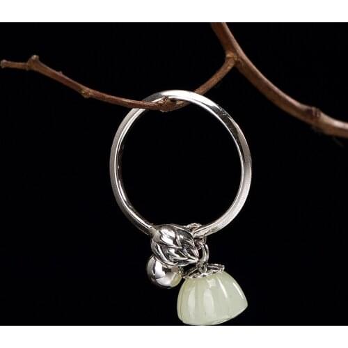 One deer silver S925 pure silver and Tian Yu white jade lotus flower inlaid openings lady high-end Joker ring wholesale