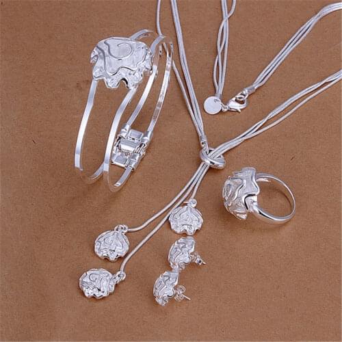 Popular 925 sterling Silver rose flower bangle rings Bracelets necklace earrings stud Jewelry set for women Fashion Holiday gift