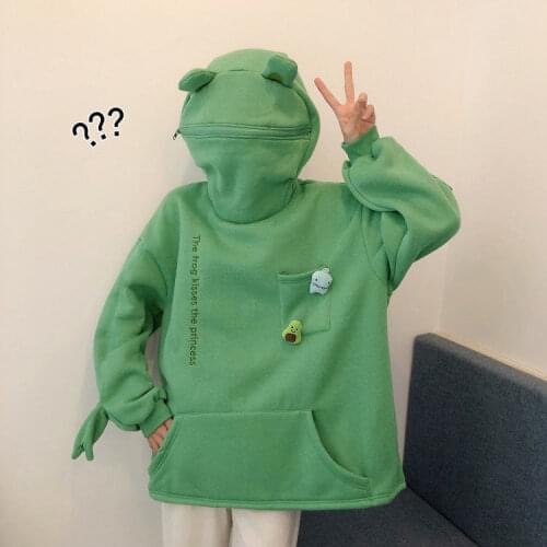 Frog pullover hoodie Unisex plus velvet thick coat autumn and winter Korean style of the trend of embroidery loose couple clothe