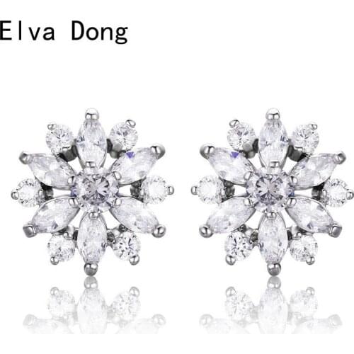 Full CZ Stone Snowflake Flower Stud Earrings For Women Girls White Gold Color Jewelry Aros Aretes Orecchini oorbellen kolczyki