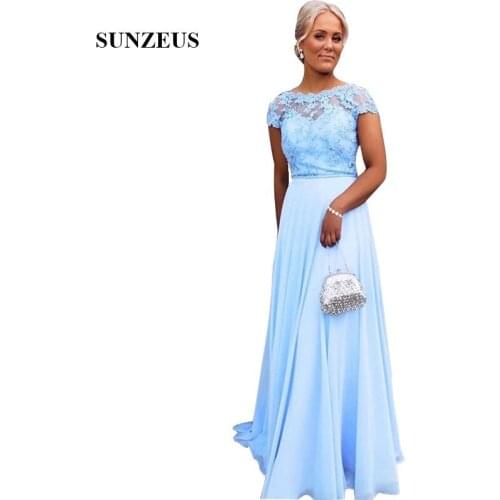 Sky Blue Chiffon Mother Of The Bride Long Gown A-line Cap Sleeves Appliques Dinner Dress For Wedding Party Women Formal Gowns