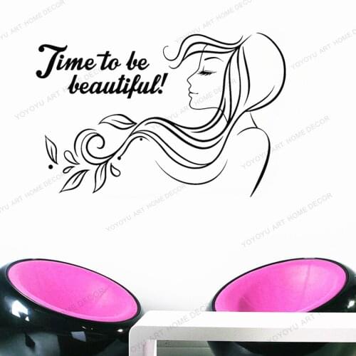 Time To Be Beautiful Phrase Beauty Spa Vinyl Wall Decal Hair Salon Woman Art Sticker Mural Decol For Girls Bedroom Decals WQ11