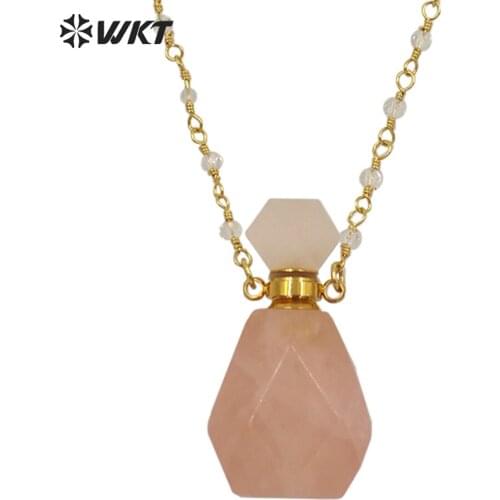WT-N1269 Wholesale lady birthday stone perfume bottle necklace gold stainless steel metal roses quartz stone bottle necklace