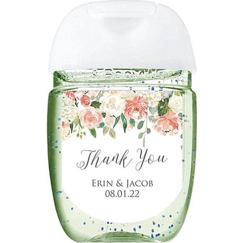 Custom Thank You Mini Hand Sanitizer Label,Personalised Wedding,Honeymoon,Engagement Sanitizer Labels,Peach Floral Favor Sticker