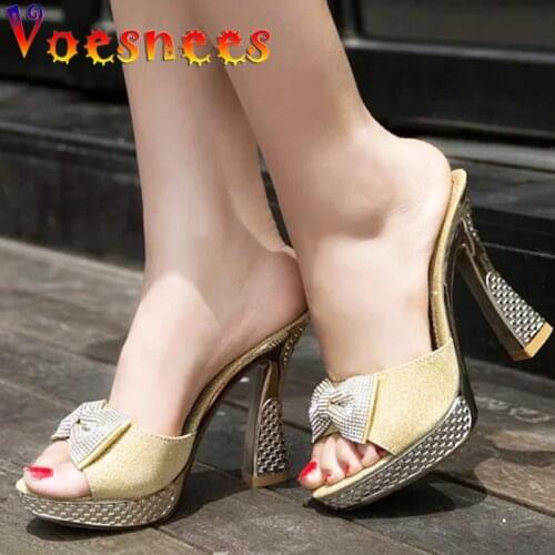 Chain Butterfly-Knot Square Heel Slippers One Word Strap Platform Peep Toe Bling Women Shoe Sweet Fairy Style High Heels Sandals
