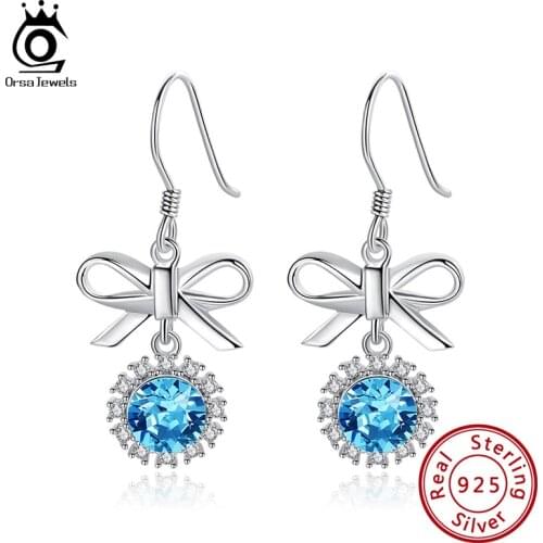 ORSA JEWELS Personality Blue Crystal Drop Earrings Bow-knot Design 925 Sterling Silver Dangle Earrings Party Jewelry SWE07
