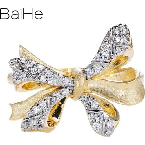 BAIHE Solid 14K Yellow Gold 0.14ct Round Natural Diamonds Women Wedding Ring Fine Jewelry Beautiful diamond bowknot Gift Ring