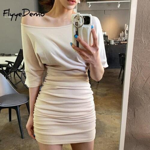 2020 Autumn Women Dress Elegant Basic Sexy Vestidos Beige Slim Cotton Mini Dress Female Slash Neck Off Shoulder High Quality