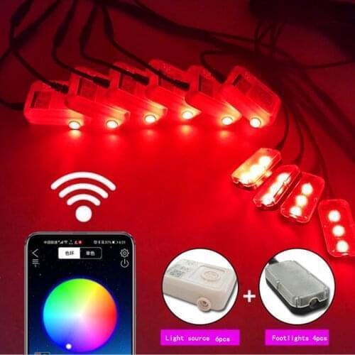 10 Pcs X 3W 64 Colors LED Car Ambient Lights + 4 Foot Lamps + 9M Optical Fibre Wireless No Threading App Control Universal