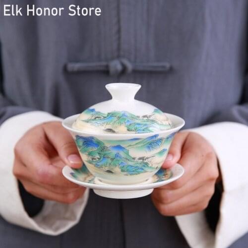 150ml Jingdezhen Landscape Ceramic Gaiwan Tea Cup Hand-painted Tea Tureen Chinese Retro Tea Accessories Tea Ceremony Drinkware