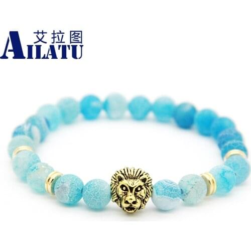 Ailatu Men Jewelry 8 mm Sky Blue Weathering Onyx Stone Lion Head Bracelet