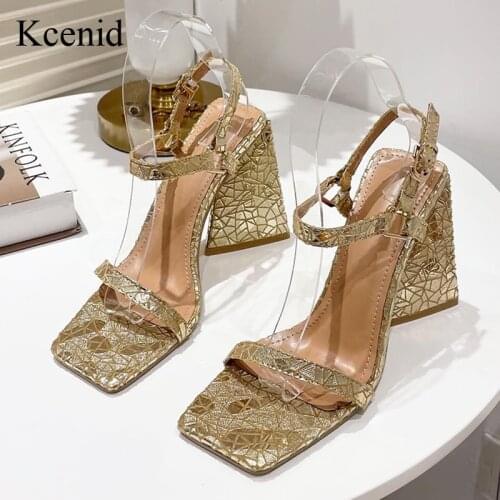 Kcenid Gold Silver Sandals Women Fashion Strange Triangle High Heels Ladies Shoes Summer New Square Toe Party Wedding Pumps