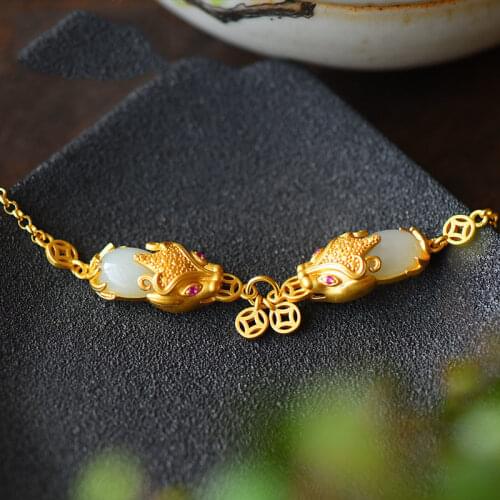 S925 Sterling Silver Inlaid Natural Hetian Jade White Jade Pi Xiu Bracelet Ancient Gold Retro Ornament