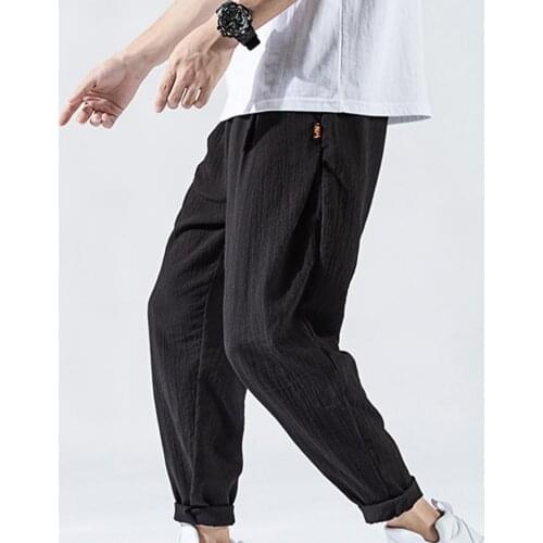 Men Pants Casual Polyester Mid Waist Super Thin Drawstring Solid Color Multi Pockets Harem Pants Sports men Trousers Summer