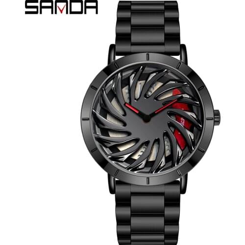 SANDA Hot Sell Stainless Men Watch Waterproof Sport Watch Racing Car Rim Wheel Rotating Dial Men Clock Relogio Masculino
