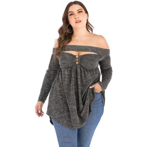 Neatie kiddie Fashion Large Size Women Slash Nech T-shirt Tops Shirt Sexy Hollow Out Long Sleeve Plus Size Tee Shirt Clothes