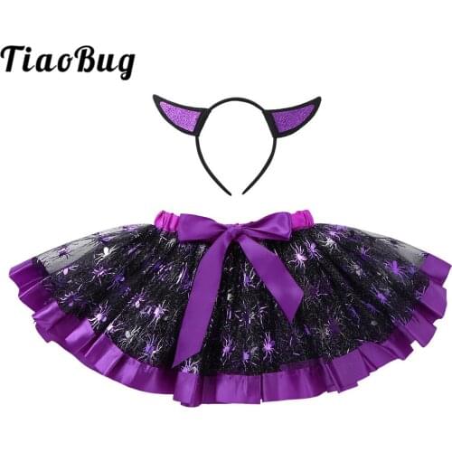 Kids Girls Halloween Cosplay Party Clown/Devil Costume Polka Dots/Pumpkin/Spider Printed Mesh Tutu Skirt with Hair Hoop Set