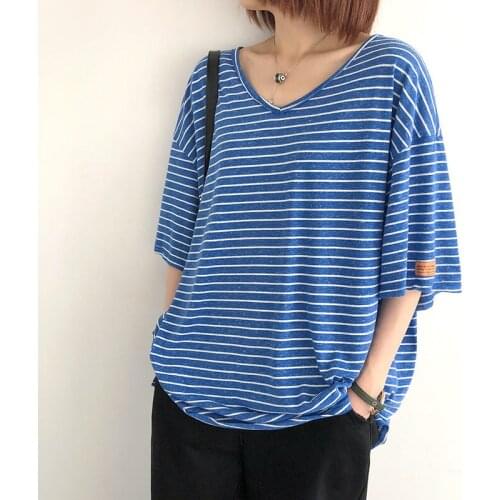 Cotton Short Sleeve T-Shirt Womens Summer 2021 New Loose Large Size V-Neck Striped Top Mid-Length Casual Korean Clothing zh696