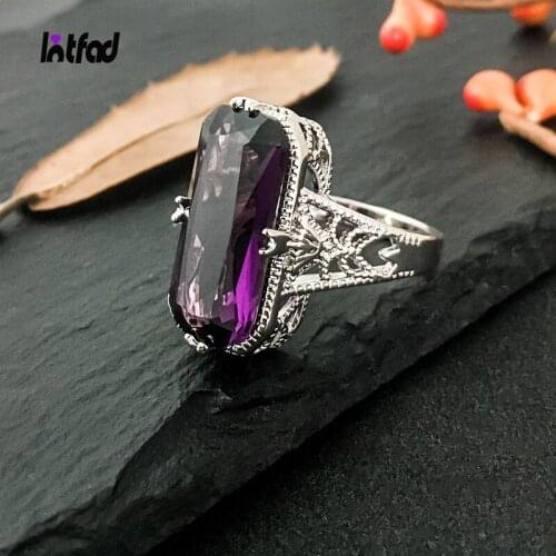 925 Sterling Silver Rings 10*20mm Large Amethyst Ring Hollowed-out Design Fine Jewelry for Women Fashion Finger Ring