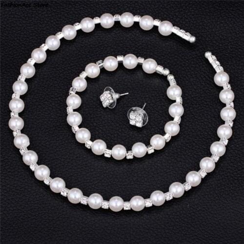 Crystal Faux Pearl Beads Beads Bracelet Earring Necklace Set Trendy White Simulated Pearl & Rhinestonex 12cm/4.7in