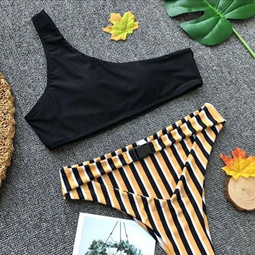 Swimwear women striped Sexy One Shoulder Swimsuit High Cut Brazilian Thong Bikinis Women Bikini Set High Waist Bikini Biquini