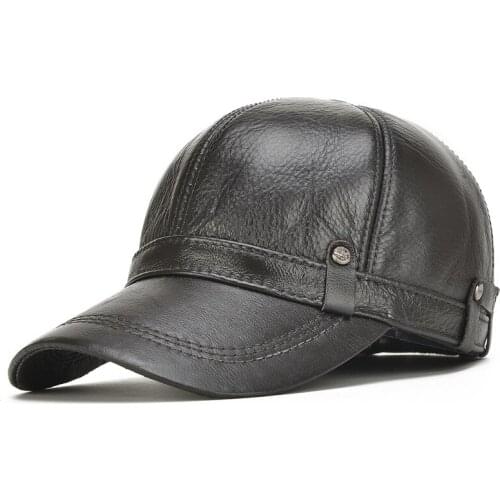 Male Genuine Leather Hat Cowhide Baseball Cap Adjustable Ear Mens Elderly Thick Outdoor Baseball Cap New Year Gift B-7128