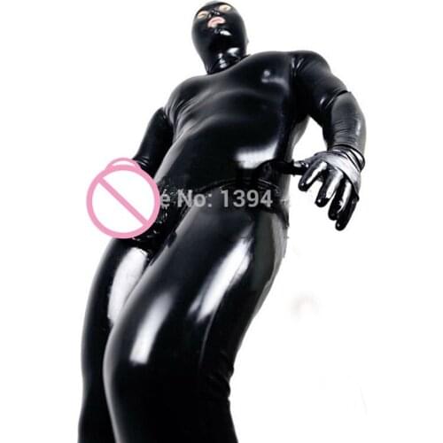 Mens Stretch PVC Bodysuit With Penis Sleeves Sexy Open Eye PVC Wetlook Leather Latex Catsuit Hot Erotic Gay Fetish Wear Costume