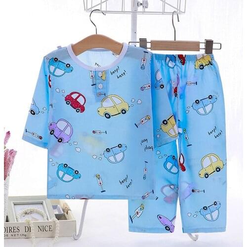 2021 Summer New Childrens Clothing Cotton Pajamas Suit Boys Girls Sleepwear Children Wear Cartoon Strawberry Dinosaur Clothes