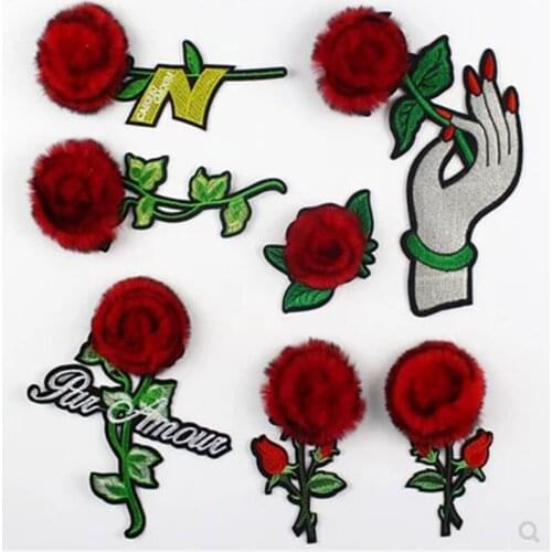 New Hair Ball 5 PCS Rose Embroidered Iron on Patches for Clothing DIY Stripes Clothes Patchwork Sticker Custom Flowers Appliqued