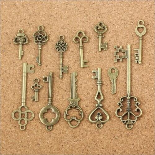 Wholesale 13 pcs Vintage Charms Mixed Keys Pendant Antique bronze key charms Fit Bracelets Necklace DIY Metal Jewelry Making