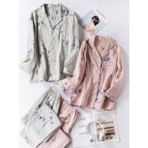 100% Cotton Turn-Down Collar with Pocket Pyjama Button Top+Pants Pijama Spring Women Cotton Pajamas Sets Long Sleeve