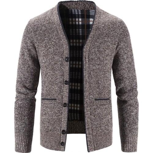 Dropshipping!! Men Knitted Coat Long Sleeve Solid Color V Neck Autumn Winter Thicken Plush Warm Cardigan Sweater for Daily Wear
