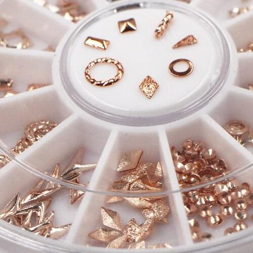 Rose Gold Rivet Nail Studs Stripes Circle Star Round Square Triangle Mixed Accessories in Wheel for DIY 3D Nail Art Decoratio