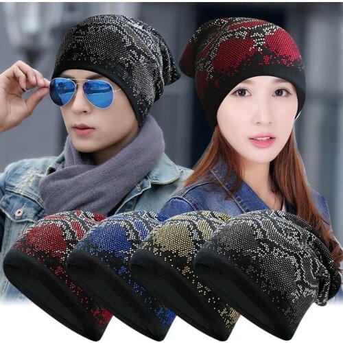 Woolen cap womens autumn and winter Korean style snakeskin pattern rhinestone sleeve cap mens outdoor keep warm knitted hat