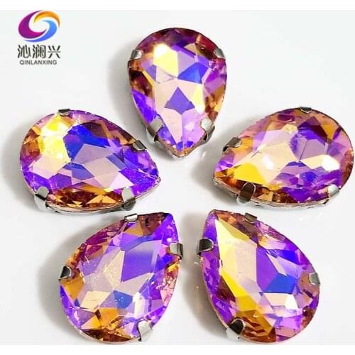 Super beauty Water red AB color drop shape Glass Crystal sew on claw rhinestones with holes,Diy Clothing accessories SWS28